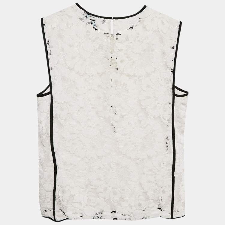 Pre Owned Paule Ka White Floral Lace Sleeveless Top M