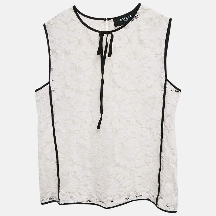 Pre Owned Paule Ka White Floral Lace Sleeveless Top M