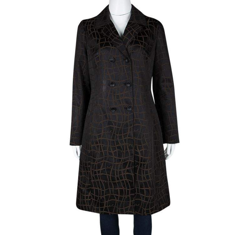 Pre Owned Paule Ka Black and Brown Jacquard Logo Detail Double Breasted Coat L