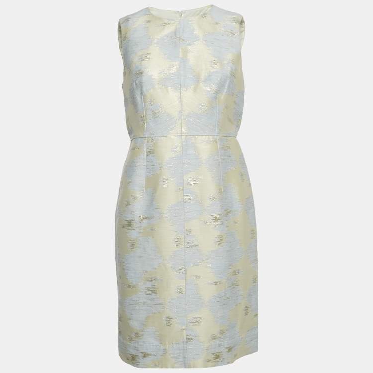 Pre Owned Paule Ka Cream/Blue Lurex Jacquard Sleeveless Short Dress L