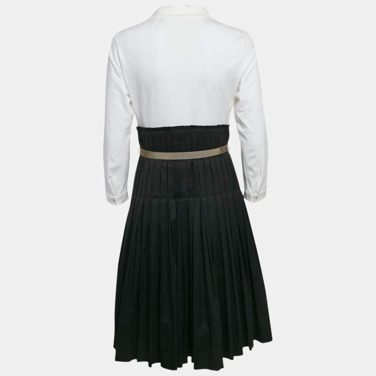 Pre Owned Paule Ka Black & White Cotton Pleated Detail Midi Dress M