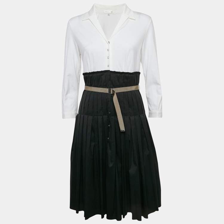Pre Owned Paule Ka Black & White Cotton Pleated Detail Midi Dress M