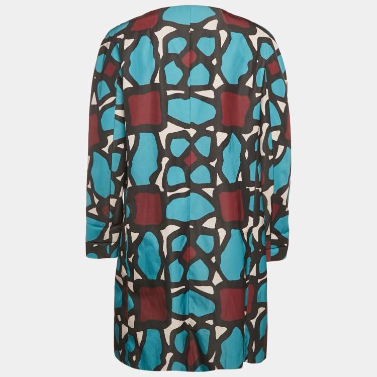 Pre Owned Paule Ka Blue Abstract Print Crepe Round Neck Coat L
