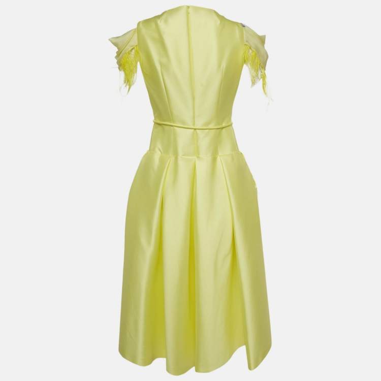Pre Owned Paule Ka Yellow Feather Trim Taffeta Bow Detail  Midi Dress M 