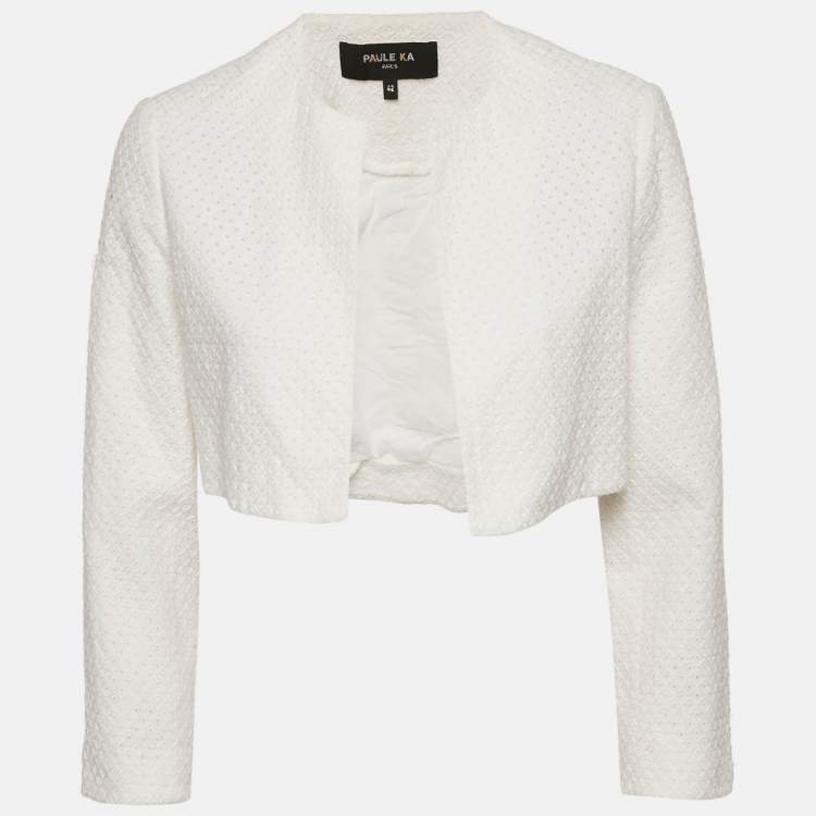 Pre Owned Paule Ka White Broderie Anglaise Cotton Crop Jacket L