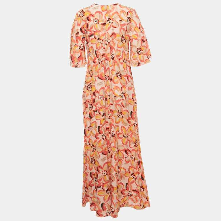 Pre Owned Paule Ka Pink Floral Print Silk Ruffled Sleeve Maxi Dress M    
