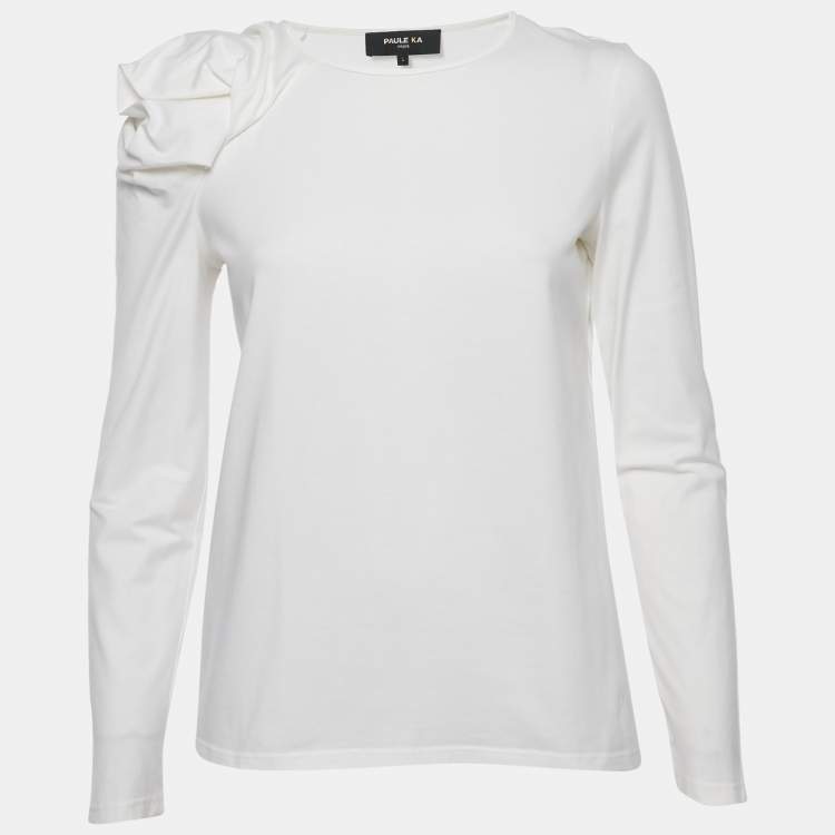 Pre Owned Paule Ka White Jersey Puff Sleeve Top L