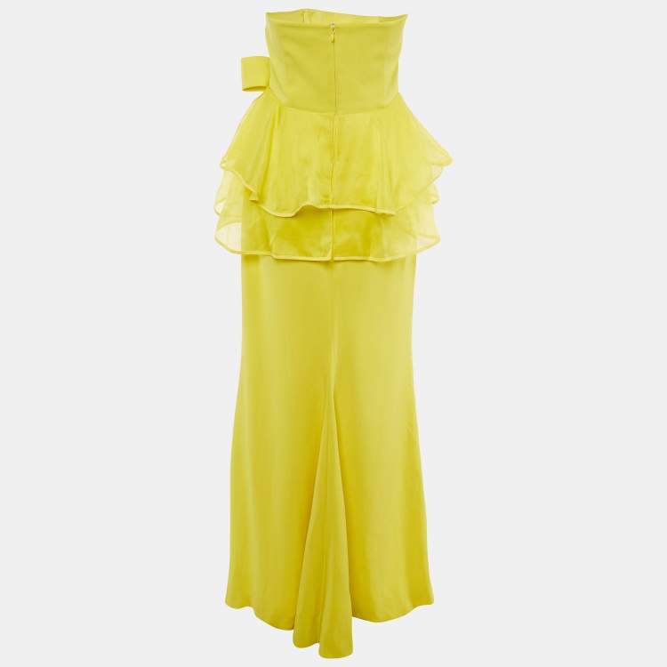 Pre Owned Paule Ka Yellow Crepe Bow & Asymmetric Frill Detail Strapless Maxi Dress L