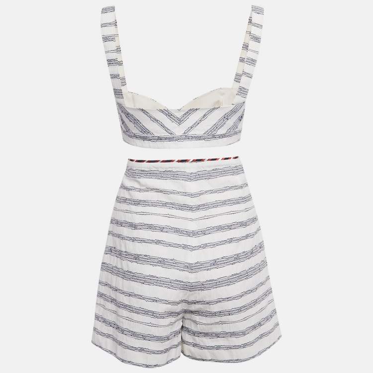 Pre Owned Paule Ka White/Blue Embroidered Stripe Cotton Top & Shorts Set L/M
