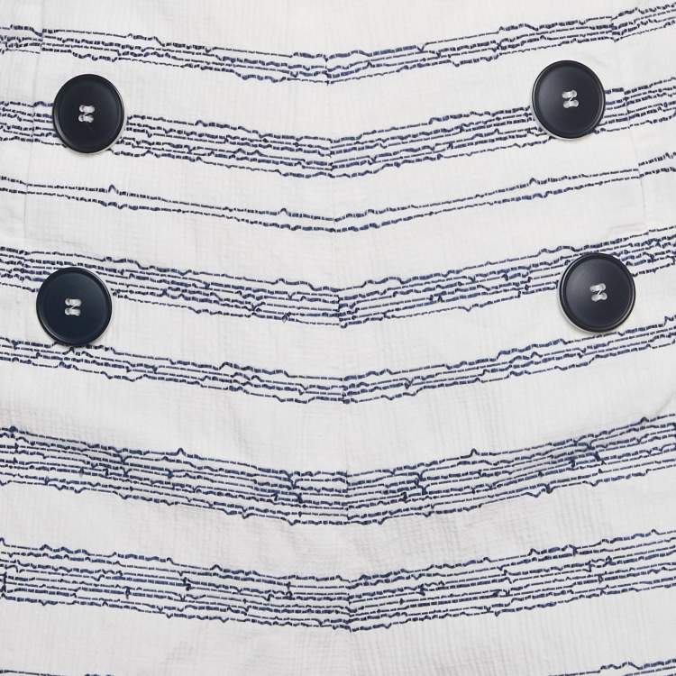 Pre Owned Paule Ka White/Blue Embroidered Stripe Cotton Top & Shorts Set L/M