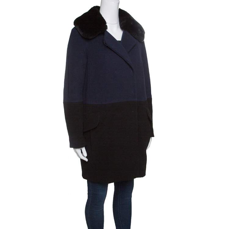 Pre Owned Paule Ka Navy Blue and Black Wool Rabbit Fur Collar Detail Coat S 
