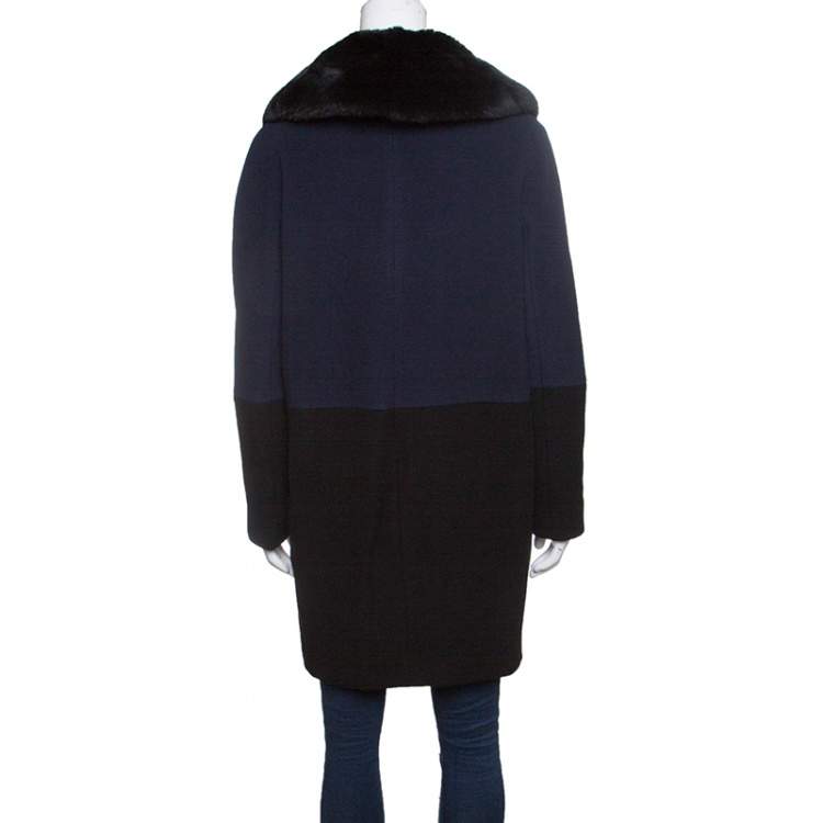 Pre Owned Paule Ka Navy Blue and Black Wool Rabbit Fur Collar Detail Coat S 