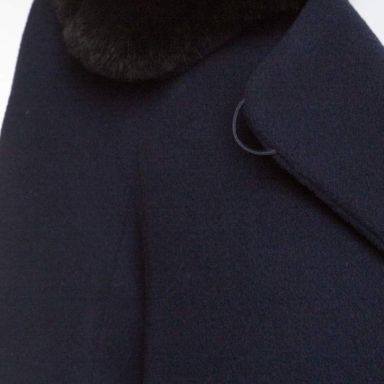 Pre Owned Paule Ka Navy Blue and Black Wool Rabbit Fur Collar Detail Coat S 