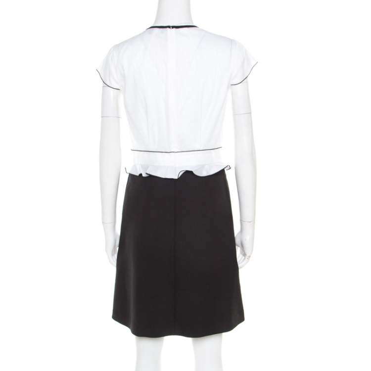 Pre Owned Paule Ka  Monochrome Colorblock Cotton Ruffle Trim Cap Sleeve Dress M
