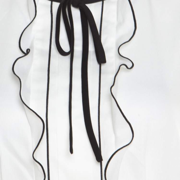 Pre Owned Paule Ka  Monochrome Colorblock Cotton Ruffle Trim Cap Sleeve Dress M
