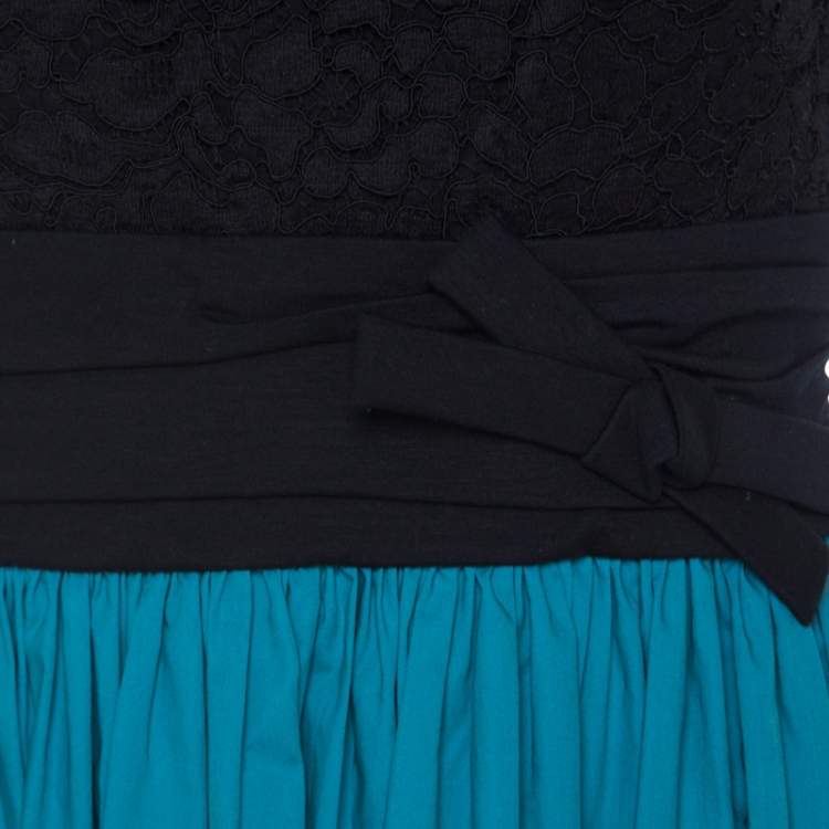 Pre Owned Paule Ka Bicolor Cotton Lace Bodice Ruched Waist Sleeveless Dress M