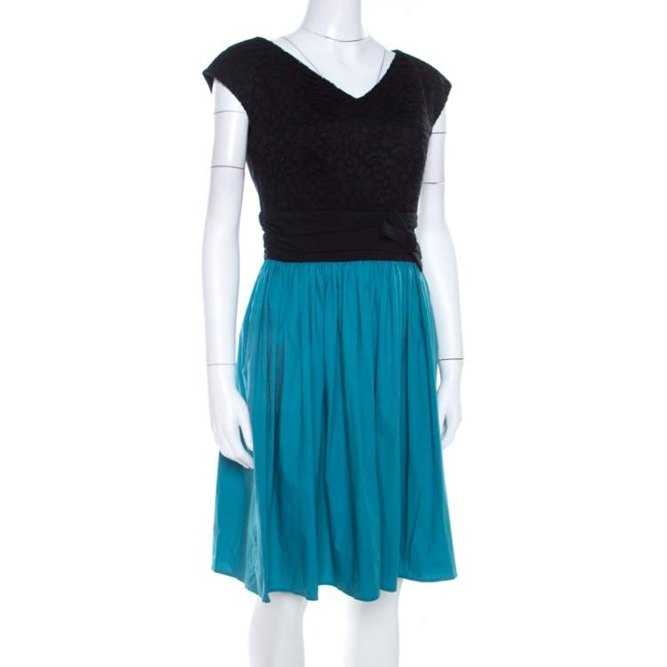 Pre Owned Paule Ka Bicolor Cotton Lace Bodice Ruched Waist Sleeveless Dress M