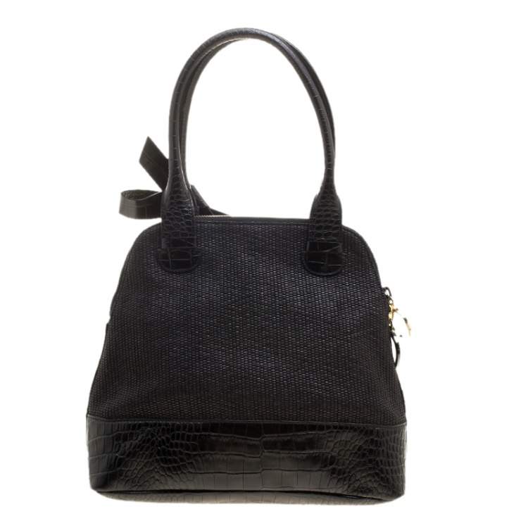 Pre Owned Paule Ka Black Croc Embossed Leather and Woven Straw Bow Satchel