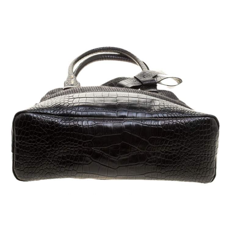 Pre Owned Paule Ka Black Croc Embossed Leather and Woven Straw Bow Satchel