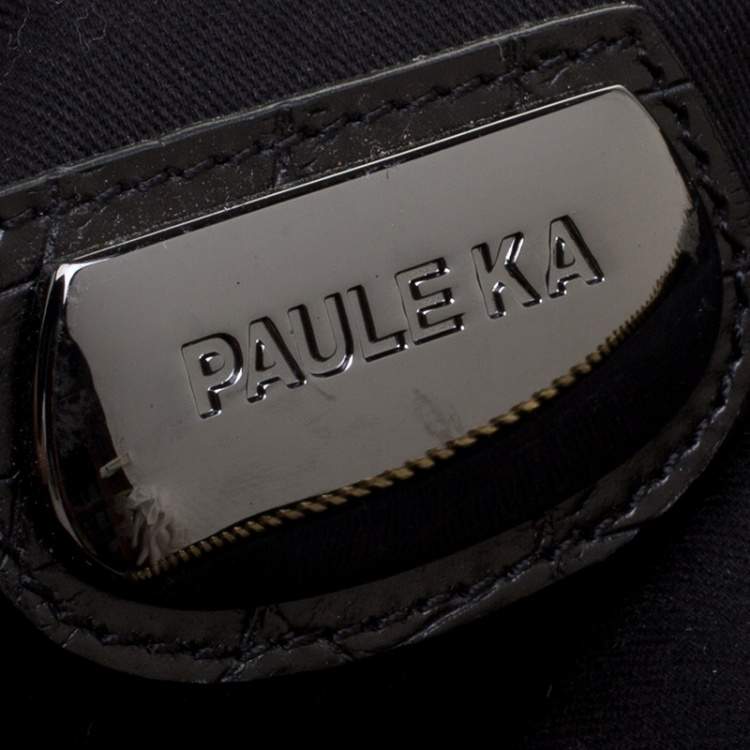 Pre Owned Paule Ka Black Croc Embossed Leather and Woven Straw Bow Satchel