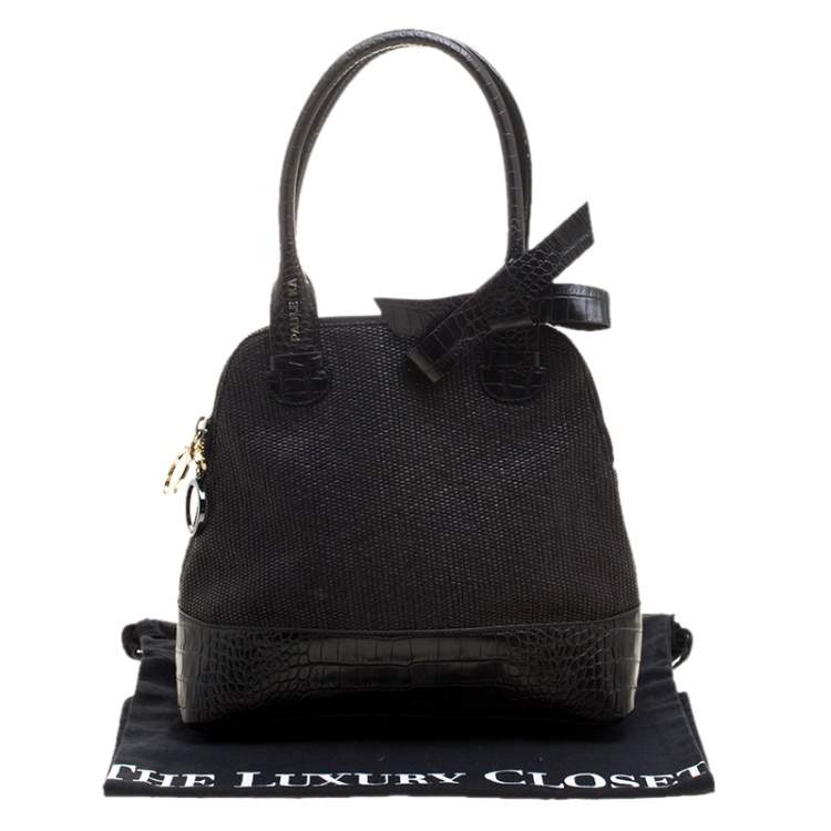 Pre Owned Paule Ka Black Croc Embossed Leather and Woven Straw Bow Satchel