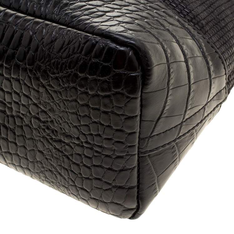 Pre Owned Paule Ka Black Croc Embossed Leather and Woven Straw Bow Satchel