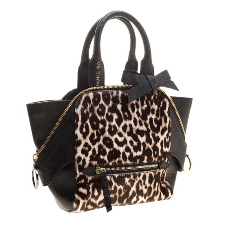Pre Owned Paule Ka Black/Beige Leather and Leopard Print Calfhair Tote