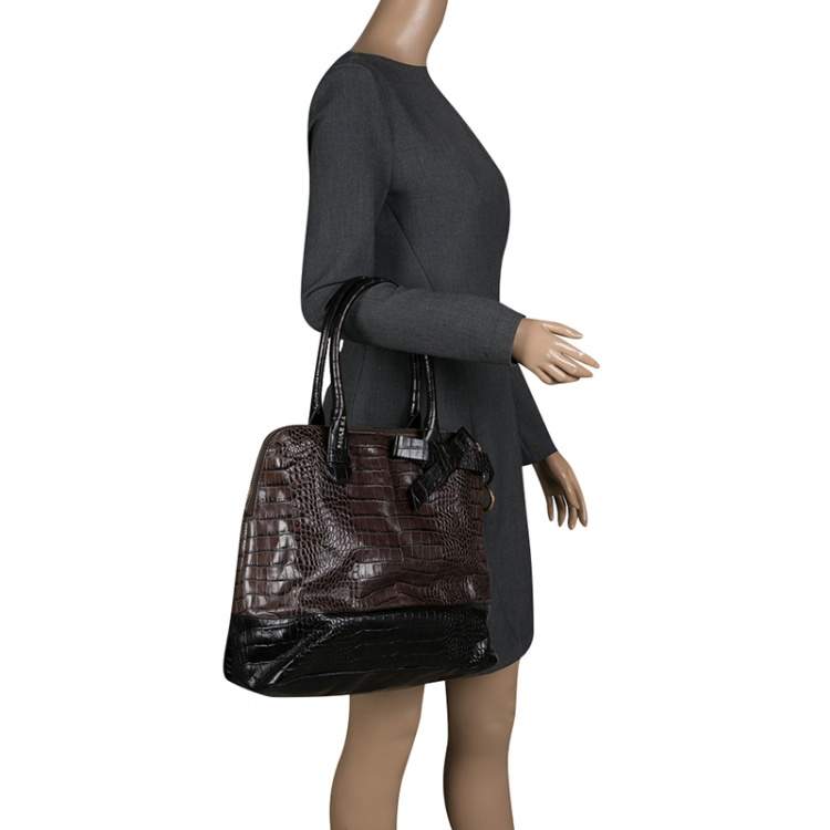 Pre Owned Paule Ka Brown/Black Croc Embossed Leather Bow Tote