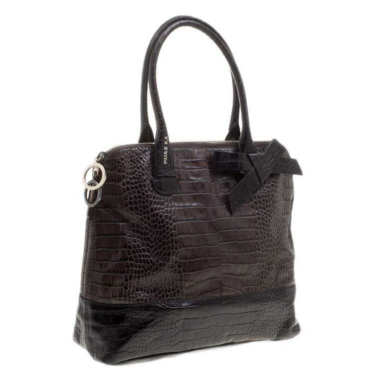 Pre Owned Paule Ka Brown/Black Croc Embossed Leather Bow Tote