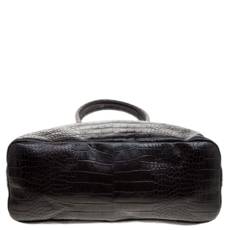 Pre Owned Paule Ka Brown/Black Croc Embossed Leather Bow Tote