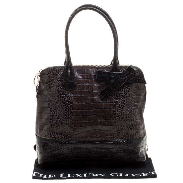Pre Owned Paule Ka Brown/Black Croc Embossed Leather Bow Tote