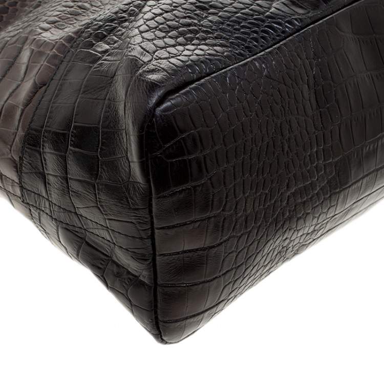 Pre Owned Paule Ka Brown/Black Croc Embossed Leather Bow Tote