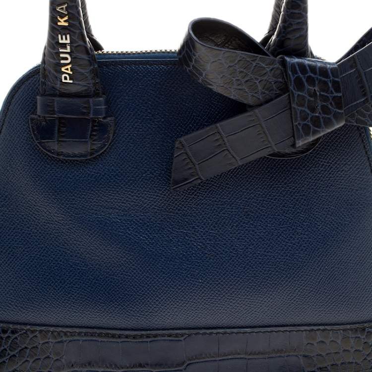 Pre Owned Paule Ka Blue Leather and Croc Embossed Leather Bow Tote