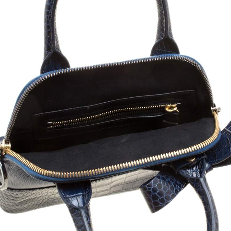 Pre Owned Paule Ka Blue Leather and Croc Embossed Leather Bow Tote