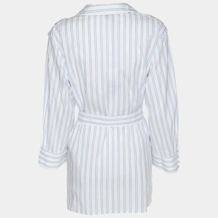 Pre Owned Persona White/Blue Stripe Cotton Belted Shirt Top XL