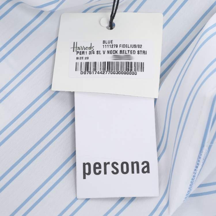 Pre Owned Persona White/Blue Stripe Cotton Belted Shirt Top XL