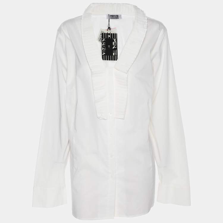 Pre Owned Perte by Krizia White Cotton Blend Ruffle Front Long Sleeve Shirt L