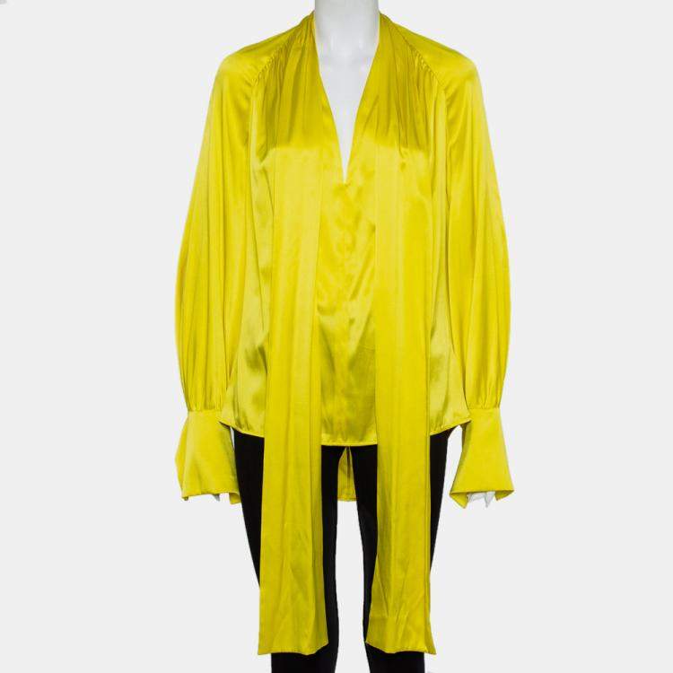 Pre Owned Petar Petrov Yellow Silk Satin Neck Tie Detail Draped Open Back Top S