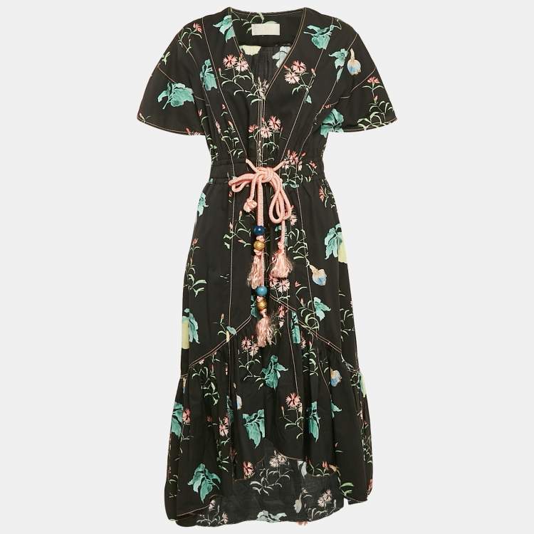 Pre Owned Peter Pilotto Navy Blue Floral Print Asymmetric Flounce Midi Dress M