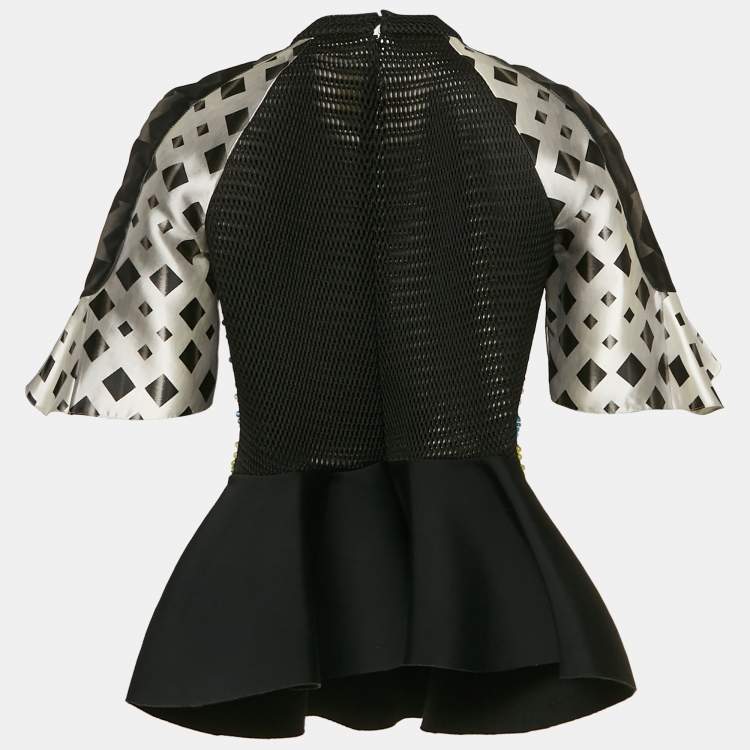 مملوكة مسبقًا Peter Pilotto Black Crepe and Knit Embellished Peplum Top M