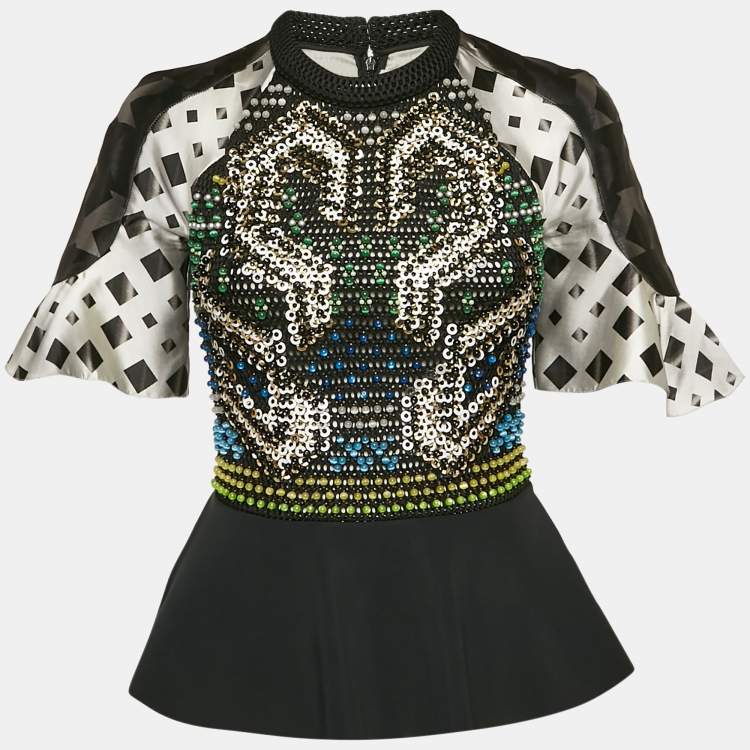 مملوكة مسبقًا Peter Pilotto Black Crepe and Knit Embellished Peplum Top M