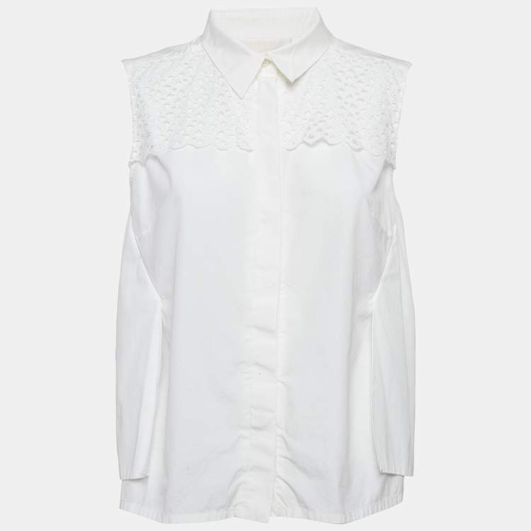 Pre Owned Peter Pilotto White Lace-Trim Cotton Sleeveless Shirt M