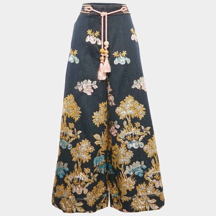 Pre Owned Peter Pilotto Navy Blue Brocade Wide Leg Pants L