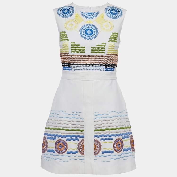 Pre Owned Peter Pilotto White Embroidered Crepe Sleeveless Dress M