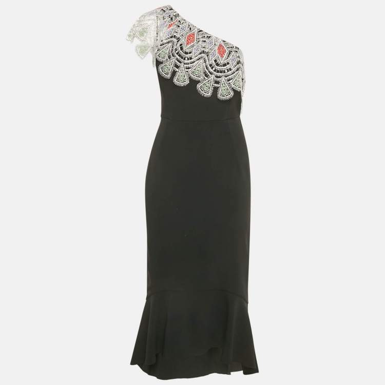 Pre Owned Peter Pilotto Black Crepe Lace Overlay One Shoulder Midi Dress L