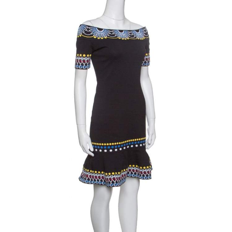 Pre Owned Peter Pilotto Black Jacquard Day Knit Off Shoulder Peplum Dress S