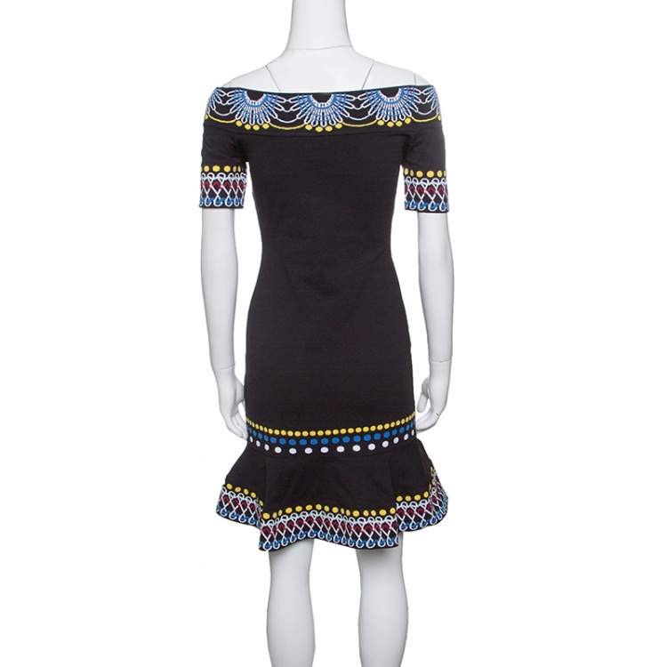 Pre Owned Peter Pilotto Black Jacquard Day Knit Off Shoulder Peplum Dress S
