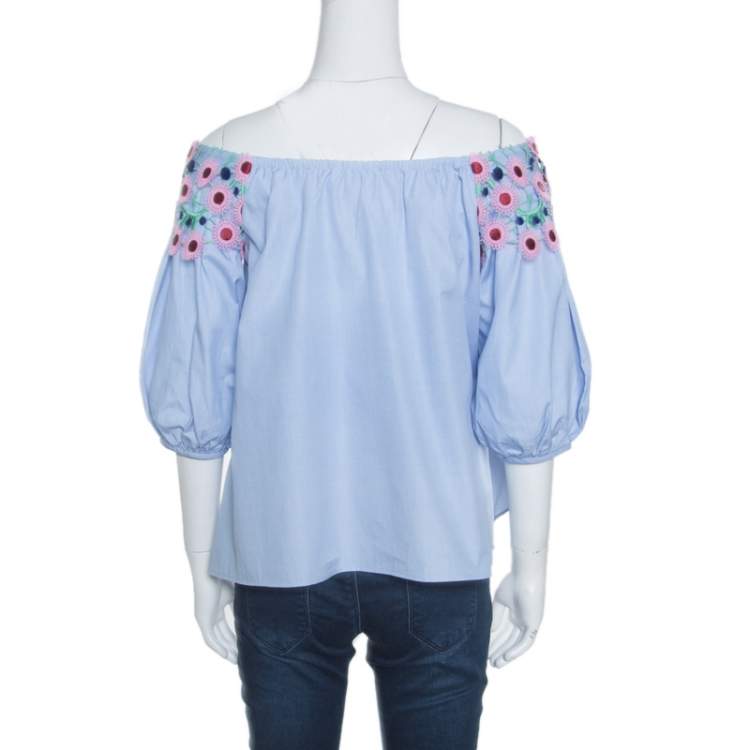 Pre Owned Peter Pilotto Pallas Sky Blue Guipure Lace Trim Off Shoulder Top S