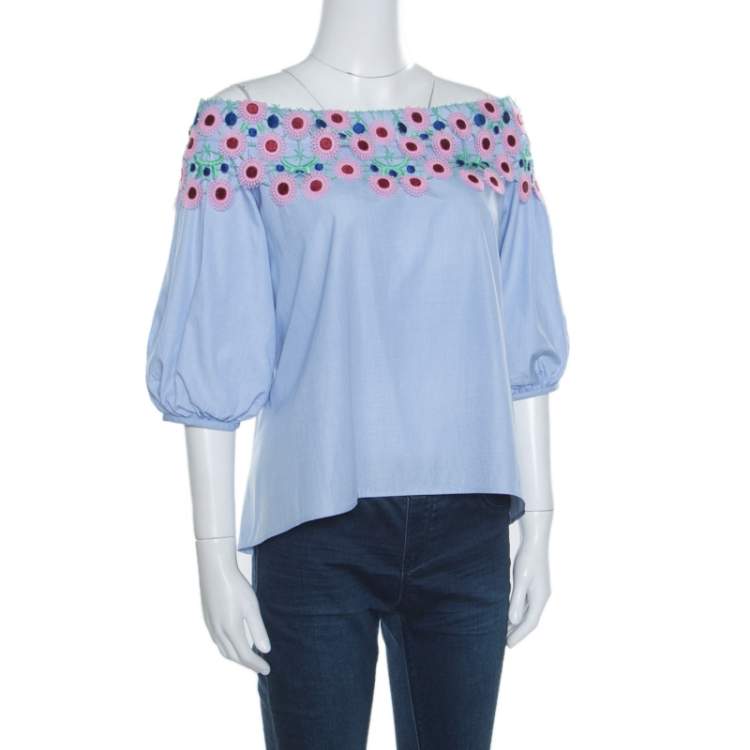 Pre Owned Peter Pilotto Pallas Sky Blue Guipure Lace Trim Off Shoulder Top S