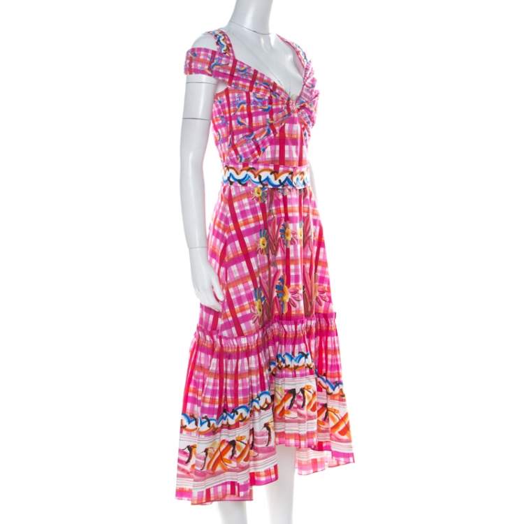 مملوكة مسبقًا Peter Pilotto Pink Printed Cotton Poplin Cold Shoulder Ruffled Hem Dress S